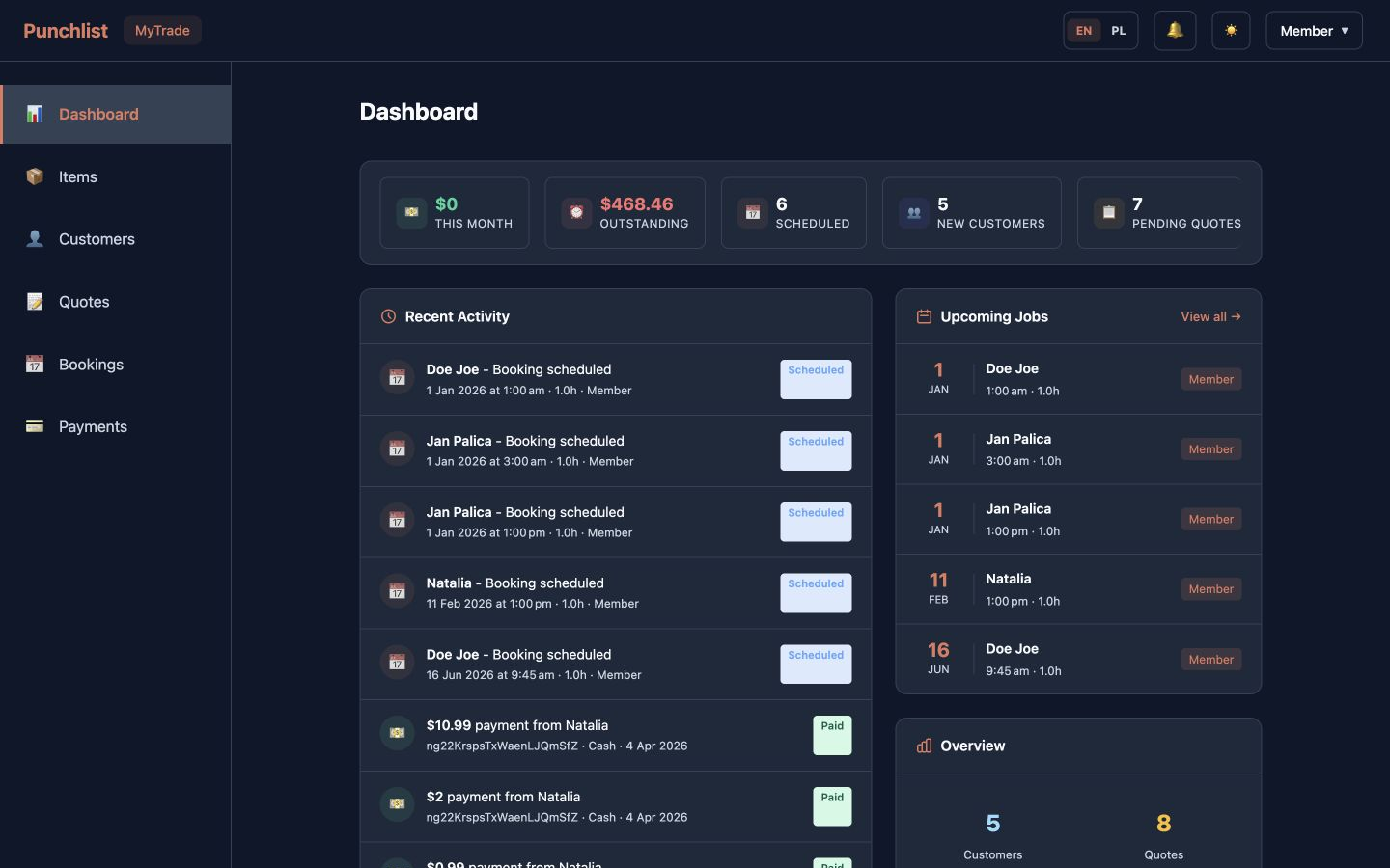 Preview of PunchList moving a service job from enquiry to paid invoice